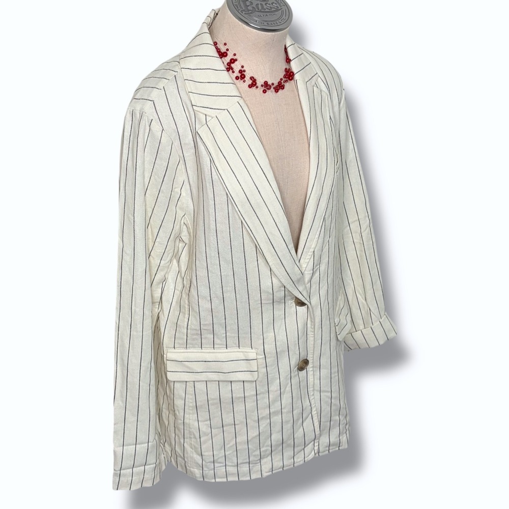 GAP Womens Size Medium Linen Blend Pinstripe Blazer Cream Blue Stripe Preppy